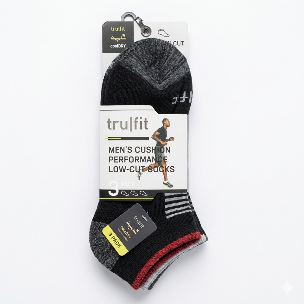 TruFit Men’s Cushion Performance Low-Cut Socks 3 Pack CoolDRY Size 10-13 Black